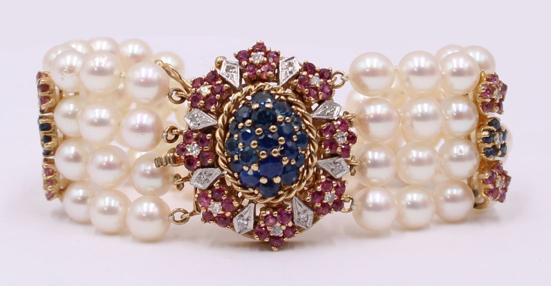 JEWELRY. 14kt, Pearl, Gem, and Diamond Bracelet. (1 of 5)