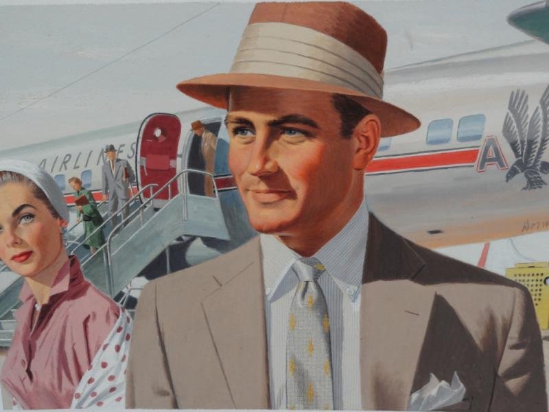 DORMONT, Phillip. Gouache/Board Illustration of: Couple Disembarking an American Airlines Plane. Signed center right. Philip Dormont, American, 20th century. From a Bronxville, NY estate. Dimensions: 14" high x 10" wide. Condition: Unframed. Light s