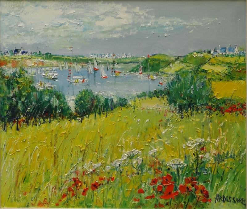 ARDISSONE, Yolande. O/C Landscape with Harbor.: Signed lower right. Wally Findlay Galleries label verso. Yolande Ardissone, French b. 1927. Dimensions: 28.5" high x 36.5" wide. Condition: Good, clean condition.