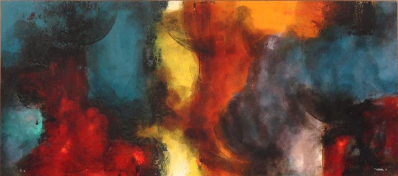 NIERMAN, Leonardo. 1961 O/M "Fuego Cosmico.": Signed and dated lower right. Partial label verso. Leonardo M. Nierman, Mexican, b. 1932. From a Mamaroneck, NY estate. Dimensions: 24.5" high x 54.5" wide. Condition: Very good, moisture damage to li