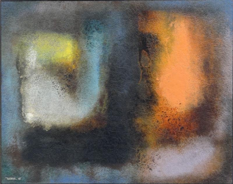 NIERMAN, Leonardo. 1960 Abstract Oil/Masonite.: Signed and dated lower left. Leonardo M. Nierman, Mexican, b. 1932. From a Mamaroneck, NY estate. Dimensions: 24" high x 31.75" wide. Condition: Good.