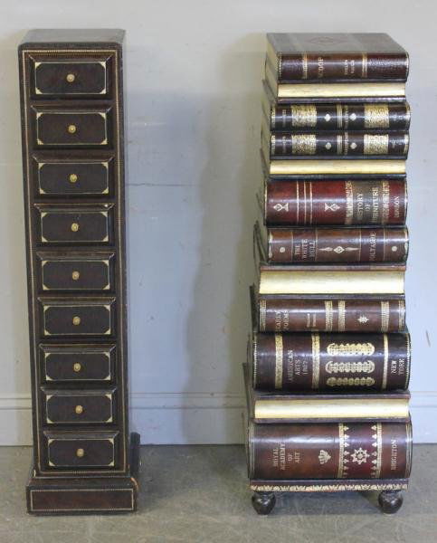 Two Maitland Smith Decorative End Tables.: Includes one 9 drawer and paint decorated end table together with one faux book end table. From a Larchmont, NY home. Dimensions: Faux book table - 10.5" wide x 11" deep x 41.5" high; Nine drawer tabl