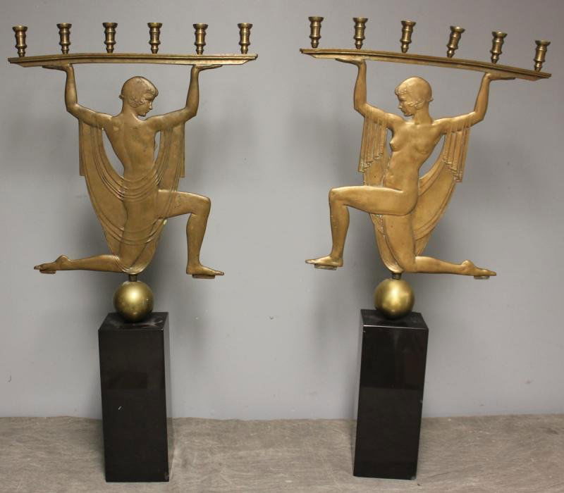Seidel, E.P. Pair of Signed Art Deco Bronze: Candelabras. On marble bases. Signed E.P. Seidel. Emory Seidel, American, 1881 - 1935. From a Ridgewood, Queens, NY estate. Dimensions: 18" w x 22" high, & base 12" h. Condition: Small chip to marble