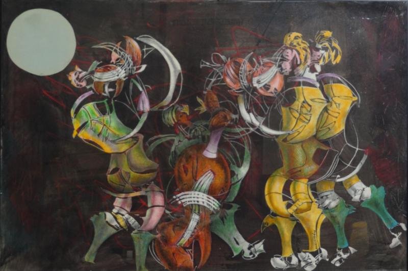TOBEY, Alton. Mixed Media on Canvas. "Alien: Quartet." Oil on canvas with paper framed behind glass. Signed lower right, inscribed with title verso. Alton S. Tobey, American - active in Larchmont, NY, 1914- 2005. From the Branford, CT estate of 