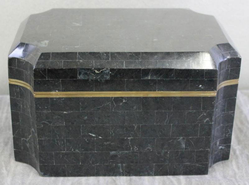 Karl Springer Midcentury Bone Inlaid Box With: Shagreen Interior signed on base. From an East 69th Street NYC estate. Dimensions: 10" wide x 6.75" deep x 6" high. Condition: Good.