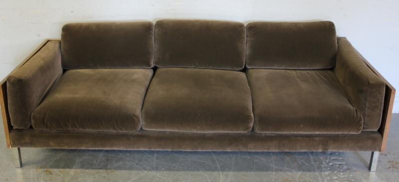 Midcentury Upholstered Chrome & Wood Sofa.: Possibly Milo Baughman. From a Ridgewood, Queens, NY estate. Dimensions: 83" wide x 32" deep x 22.5" high. Condition: Used.