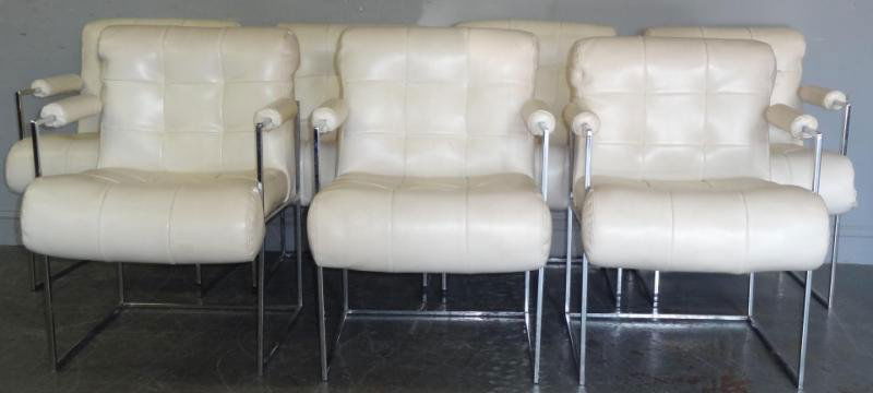 7 Chrome and Upholstered Chairs By Thayer Coggin.: Manufactured by Thayer Coggin and designed by Milo Baughman? From a La Grangeville, NY estate. Dimensions: 21" wide x 25" deep x 32" high. Condition: Good - some upholstery as is.