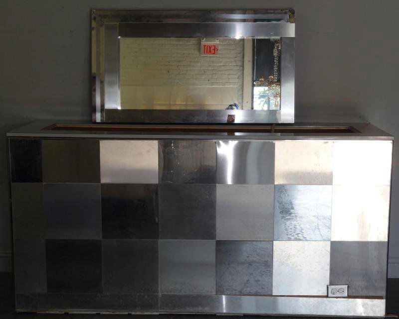 Paul Evans? Cityscape Console and Mirror.: Purchased from Directional by the consignor. Missing glass insert from top. Loose panels and metal veneers need re-gluing on corners. From a La Grangeville, NY estate. Dimensions: Console - 80" wide x