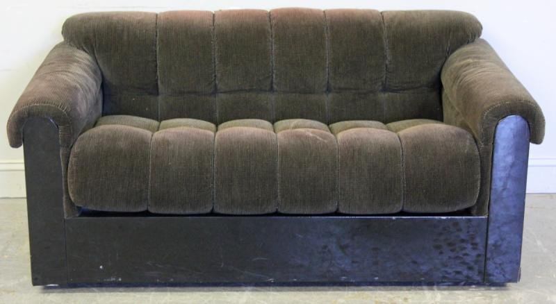 Midcentury Lacquered and Upholstered Loveseat.: Possibly Italian. From an East 69th Street NYC estate. Dimensions: 56" wide x 33" deep x 27" high. Condition: Upholstery as is - some fading.