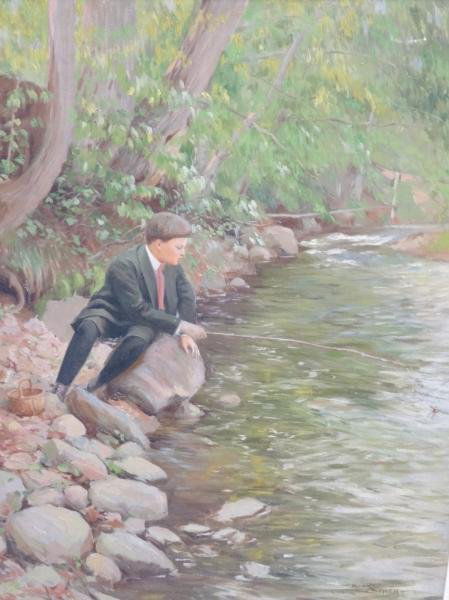 MOORE-SMITH, Charles. O/C of a Boy Fishing at: Wilson's Woods Lake, Mt Vernon, NY. Signed lower right and inscribed in pencil on stretcher verso. Believed to have been painted c. 1895. Charles Moore Smith, American- Mt. Vernon, 1870 - 1947. From a