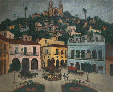 GLENN O. COLEMAN (AMERICAN, 1887-1932).: 'Church Overlooking a Town Square'. Oil on canvas. Signed lower right. Verso: Raymond & Raymond, Inc. NY, label and House of Heydenryck frame label. Property of a New Rochelle, NY estate.