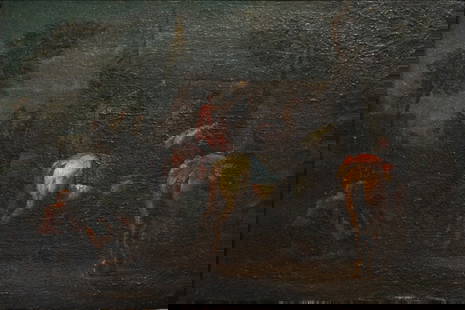 FOLLOWER OF PHILIPS WOUWERMAN.: 'A Military Encampment'. Oil on canvas. Apparently unsigned. Property of a Woodstock, NY estate. Dimensions: 8.25" h x 12" w. Frame: 12.50"h x 16" w.