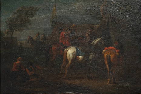 FOLLOWER OF PHILIPS WOUWERMAN.: 'A Military Encampment'. Oil on canvas. Apparently unsigned. Property of a Woodstock, NY estate. Dimensions: 8.25" h x 12" w. Frame: 12.50"h x 16" w.