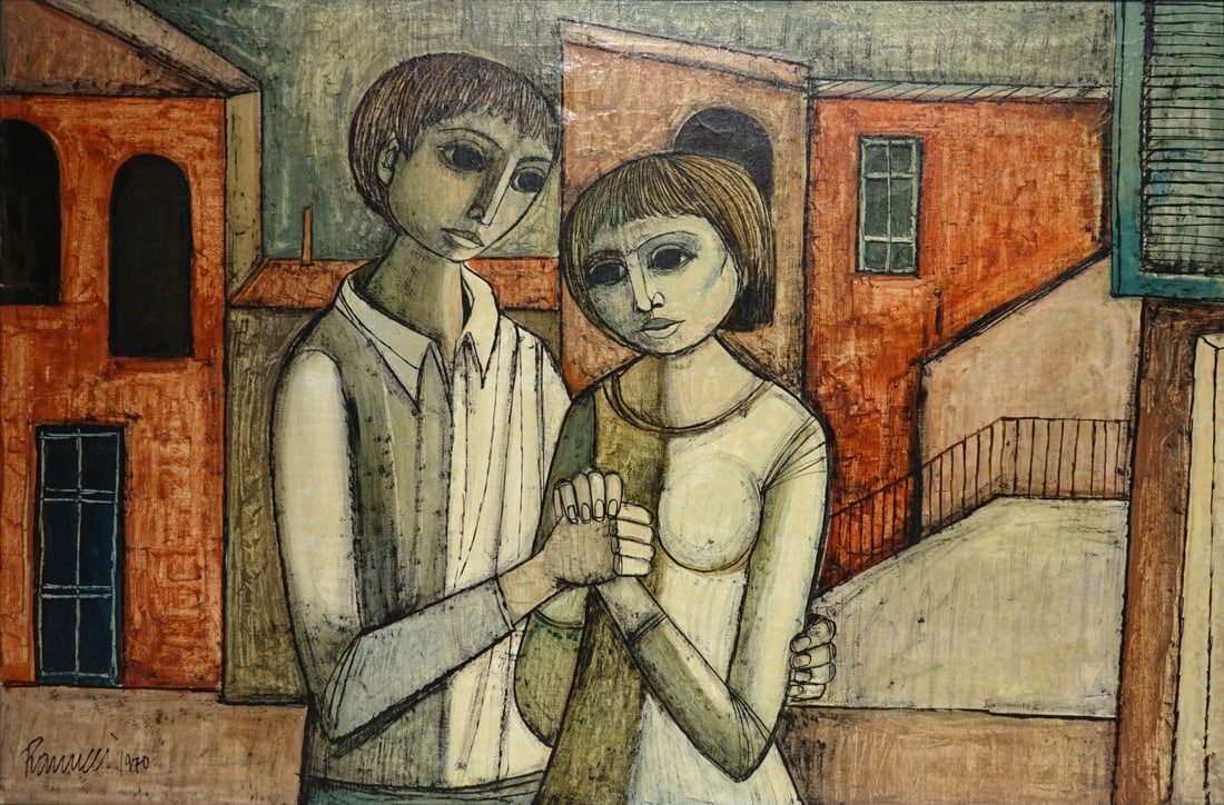 LUCIO RANUCCI (ITALIAN, 1925-2017).: 'Couple Holding Hands'. Oil on canvas. Signed and dated '1970' lower left. Property of a New Rochelle, NY estate. Dimensions: 24" h x 36" w. Frame: 30" h x 41.75" w.