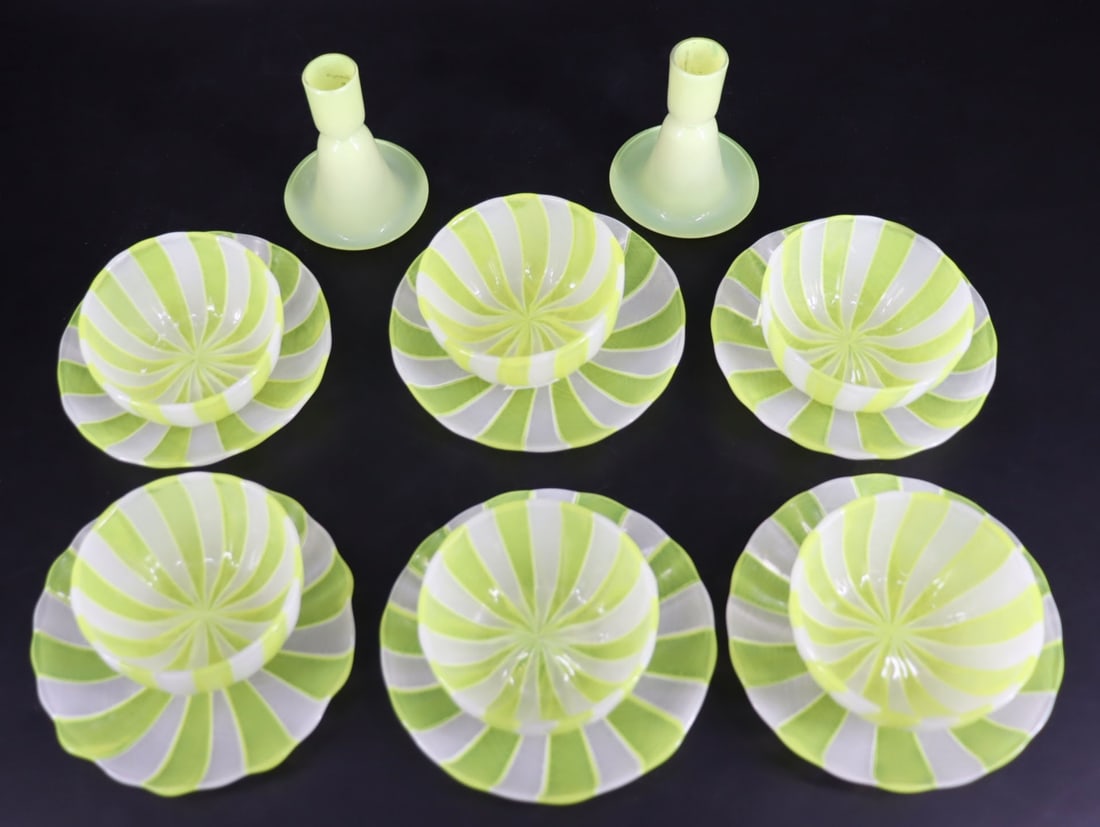 12 Pieces of Venini Latticino Yellow & White.: Six bowls (2.25" x 4.5" d) and six underplates ( 6.5"), in vivid lemon yellow and contrasting white, signed "Venini / Italia" in script (hard to see / hard to read), together 