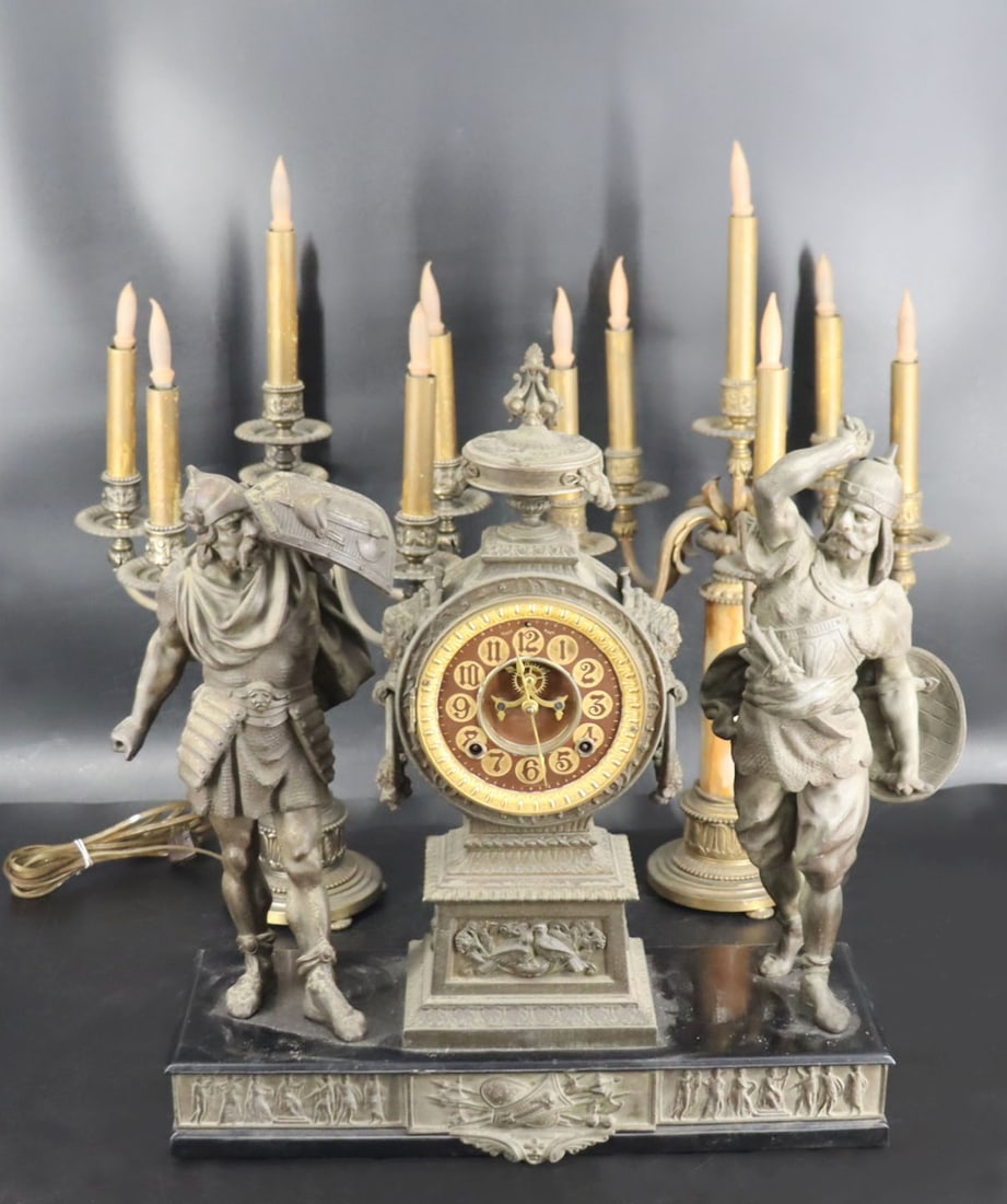 Ansonia "Combatants" Figural Clock & Candelabras (1 of 11)