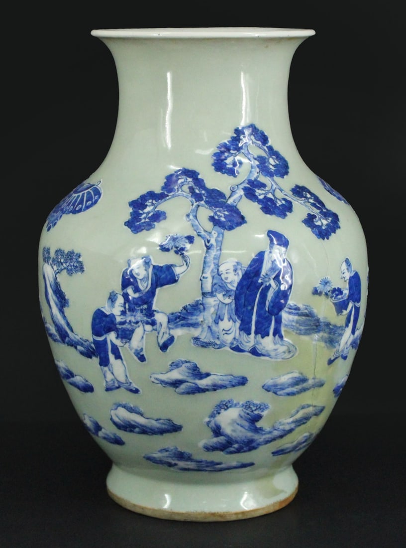 Chinese Blue and White Celadon Porcelain Vase. (1 of 8)
