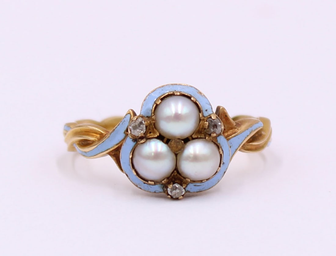 JEWELRY. Antique 20ct Gold, Pearl and Enamel Ring. (1 of 6)