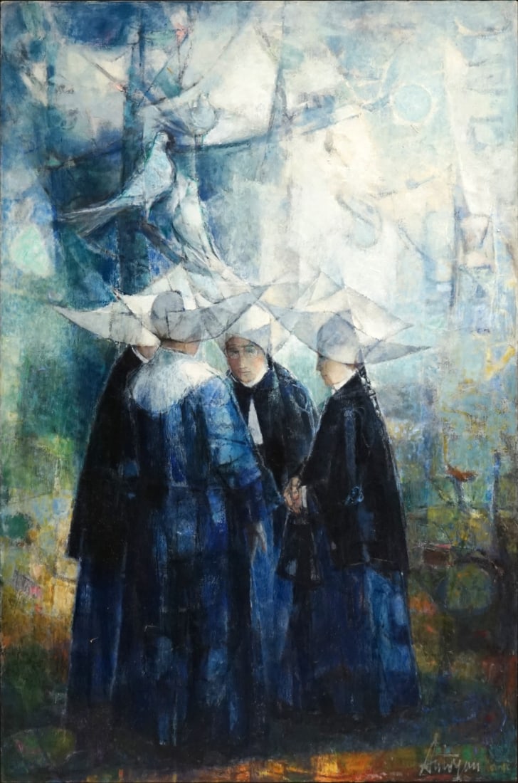 KERO ANTOYAN (AMERICAN, 1912-1993).: 'Nuns and Doves'. Oil on canvas. Signed lower right. Property of Stamford, CT estate. Dimensions: 59" h x 39" w. Frame:60.75" h x 40.25" w.
