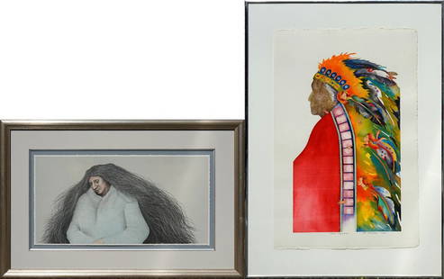 FRANK HOWELL (AMERICAN, 1937-1997) + OTHER.: Native American Works:(i) 'Plains Madonna' Colored Lithograph. Signed, titled, and edition numbered '93/140' upper top margins in white pencil. Blind stamp lower left corner. (ii) PAT FELDMAN (20TH CE