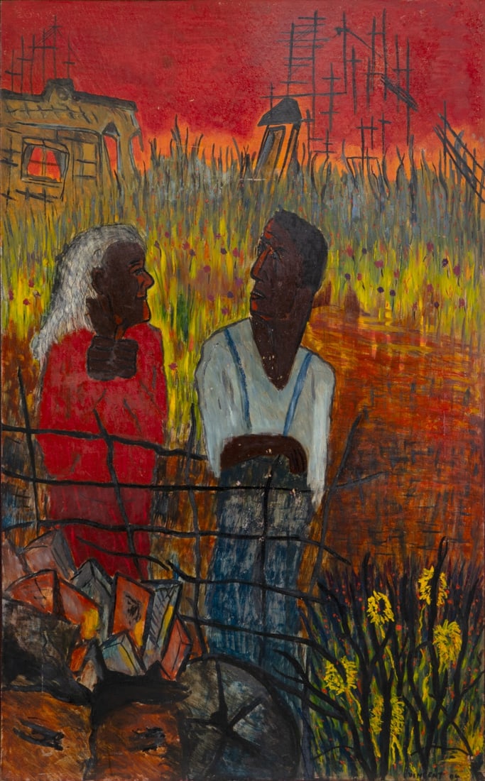 VINCENT D. SMITH (AFRICAN-AMERICAN, 1929-2003).: 'One Armed Vet'. Oil on masonite. Signed and dated "64' lower right. Property from a Brooklyn, NY collection. Dimensions:48" h 29.75" w. 49.50" h x 31" w. - Dimensions: 48" h