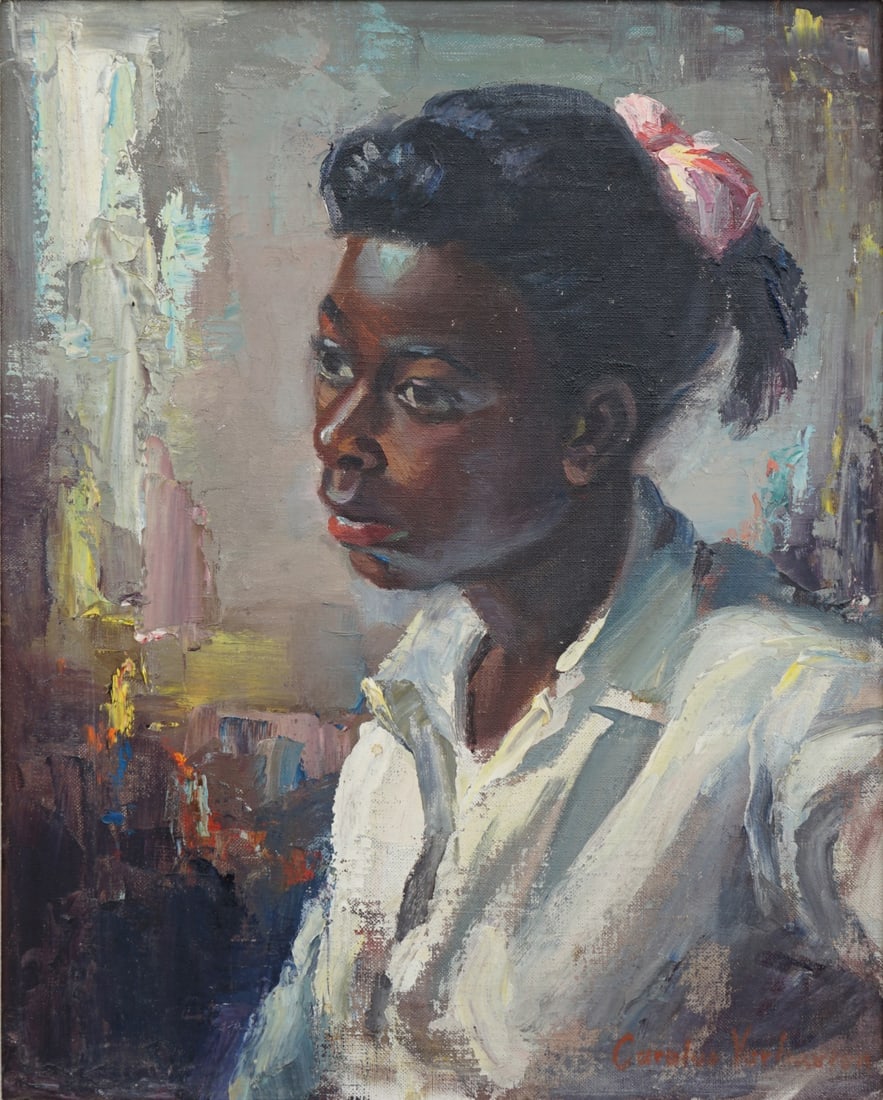CAROLUS VERHAEREN (BELGIAN/CALIFORNIA, 1908-1956).: 'Portrait of a Young Black Girl'. Oil on canvas. Signed lower right corner. Note: Verheren was a native of Belgium, grandson of noted Flemish sculptor Victor Ven, and nephew of Emile Verhaeren, the fa