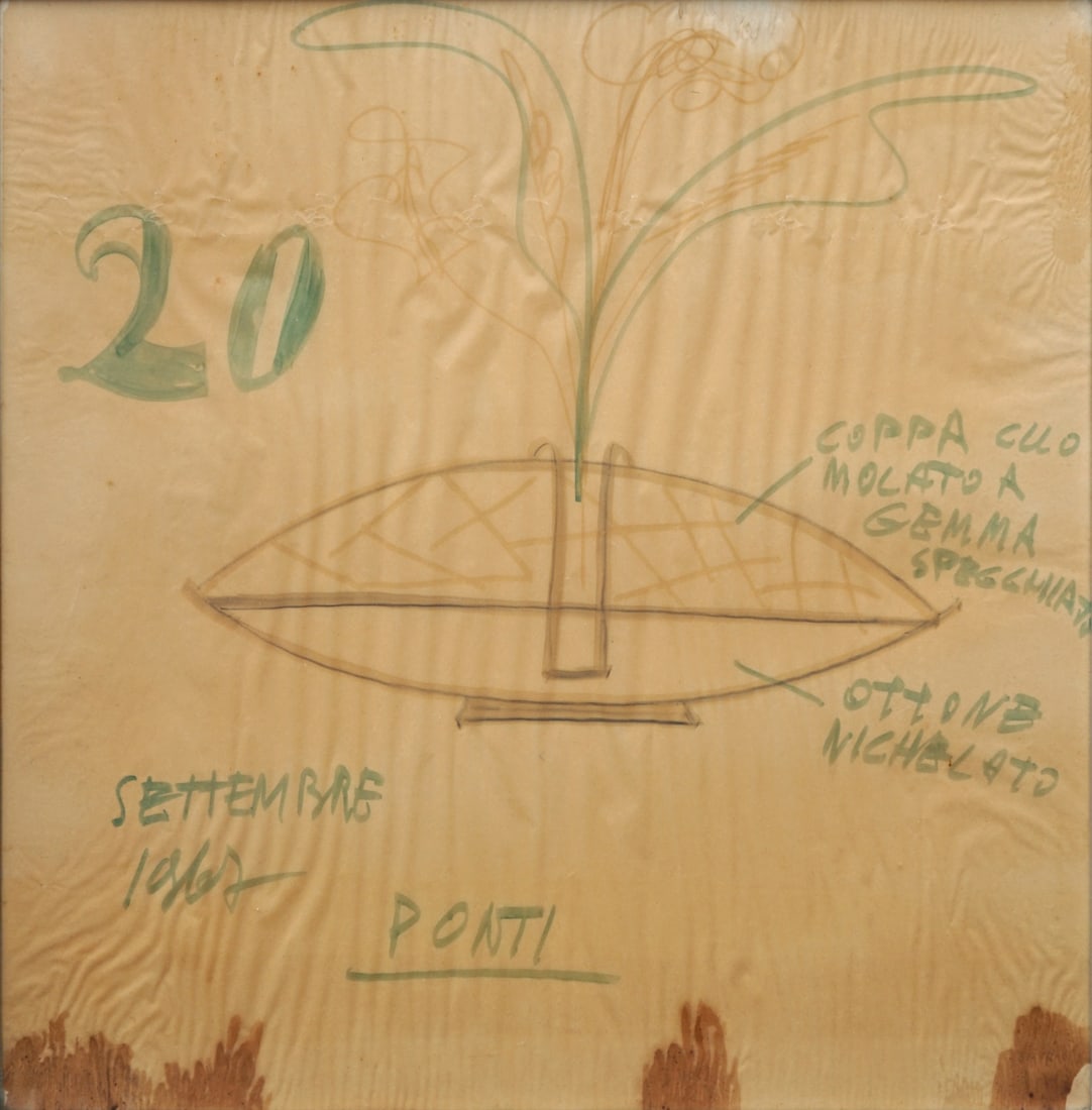 GIO PONTI (ITALIAN, 1891-1979).: 'Design Sketch' Watercolor on tracing paper. Signed and dated 'Settembre 1967' lower middle and left. Property of Ridgefield, CT estate. Dimensions: Sight size: 20.50" h x 19.75. w. Frame: 22. &q