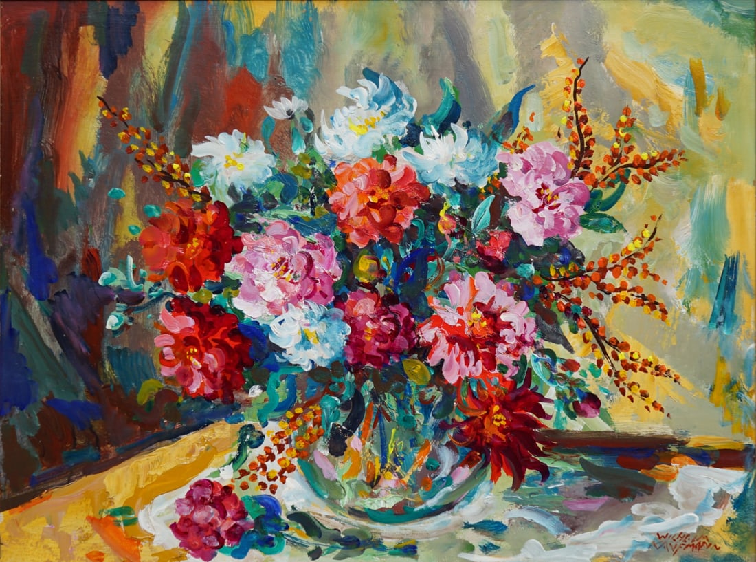 WILHELM KAUFMANN (AUSTRIAN, 1895-1975).: 'Still-Life of Flowers'. Oil on board. Signed lower right. Verso: Label for Heydenryk frame, NYC. Property from a Ridgefield, CT estate. Dimensions: 24.25" h x 32" w. Frame: 35" h x 43&