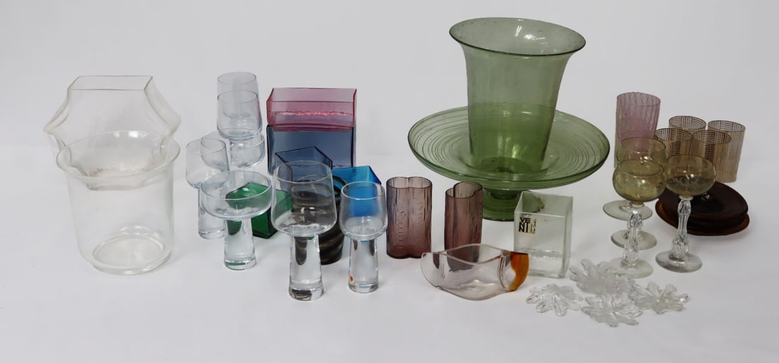 Large Collection Of Italian & Other Glass: Six Venini "Pierre Cardin" vases. The white vase labeled and signed; none of the other 5 assorted vases signed, two purple Venini "Venini" vases (4 7/8" h), signed "Venin
