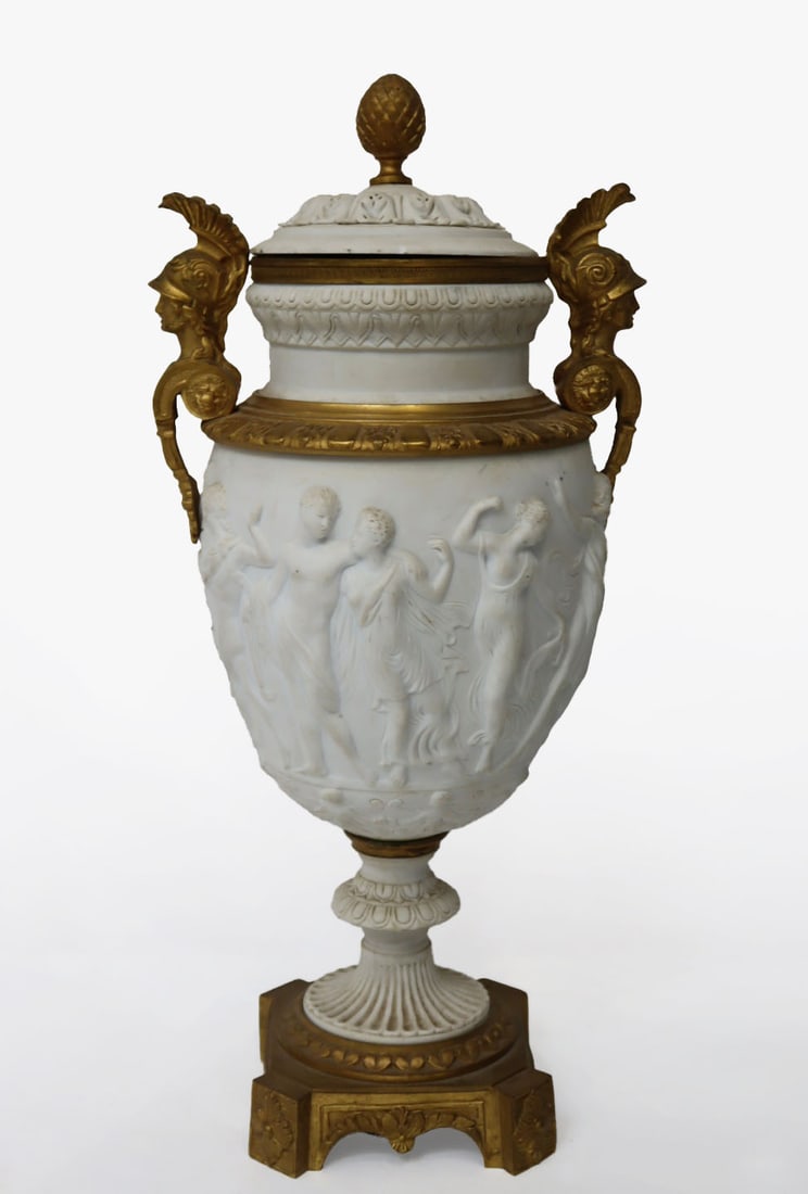 Antique & Fine Quality Bronze Mounted Bisque: Lidded Urn. Possibly Sevres. From a Westport, CT estate. - Dimensions: 16.75" h x 7.75" w.