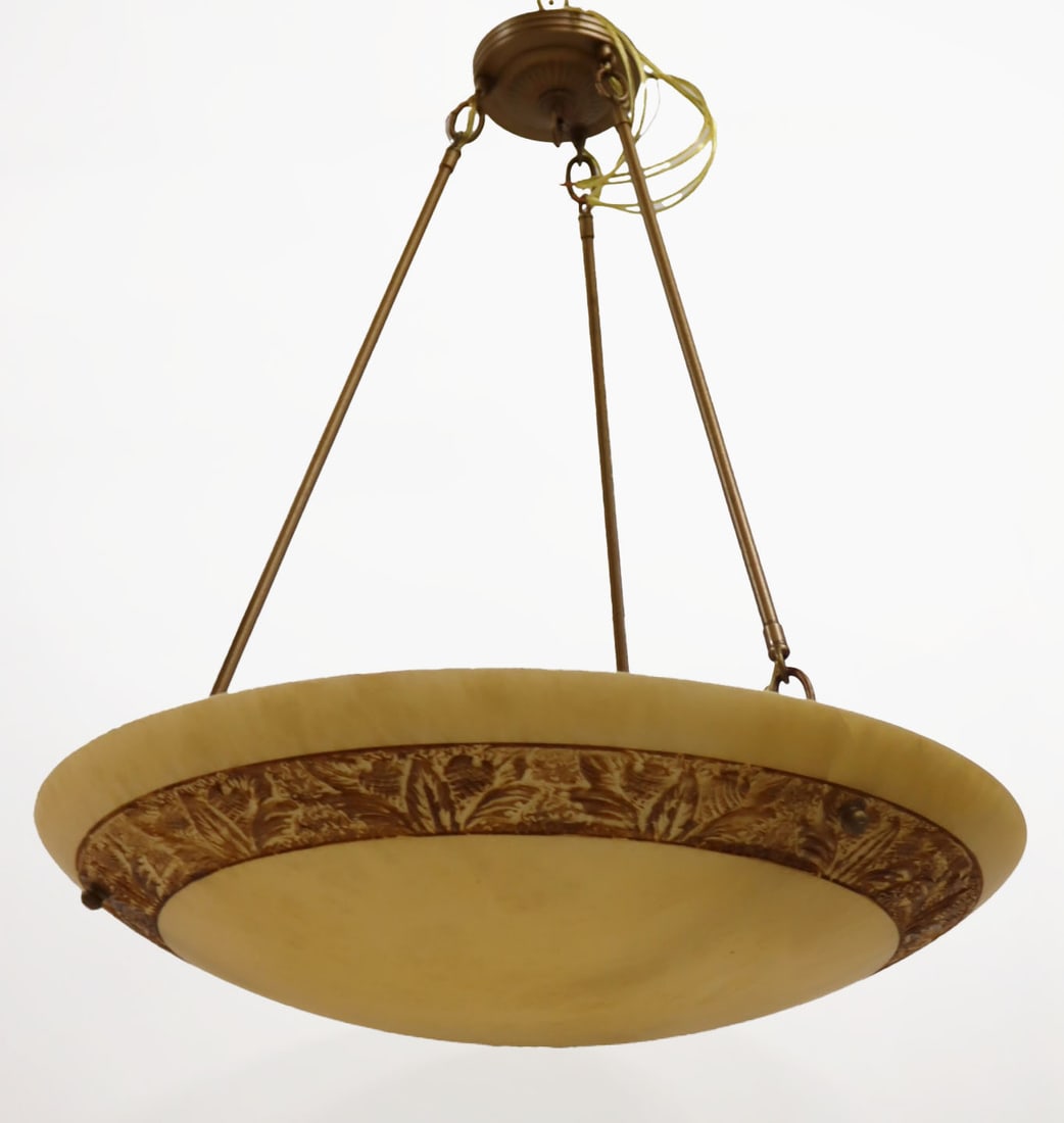 Vintage Alabaster Bowl Form Chandelier.: Good size with foliage accent . From an East 72nd St, NYC estate. - Dimensions: 28" h x 23.5" dia.