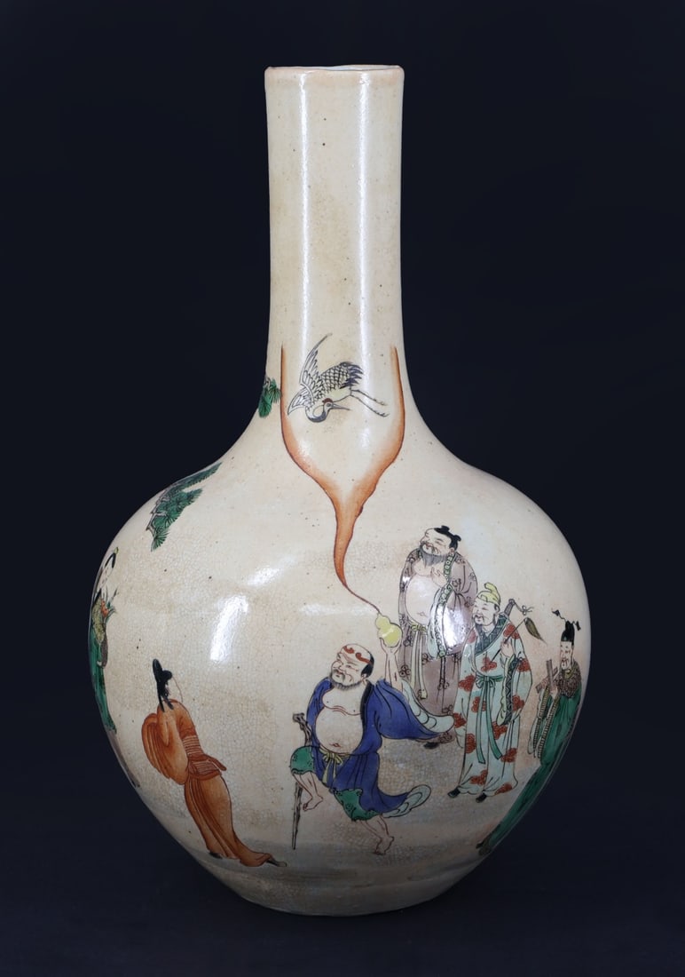 Chinese Qing Dynasty Famille Verte Vase.: A Chinese late Qing? dynasty Famille Verte Tianqiuping vase displaying the Eight Immortals with Li Tieguai creating an image of a crane. A pine tree and rock appear to the verso. Apparently unmarked. 