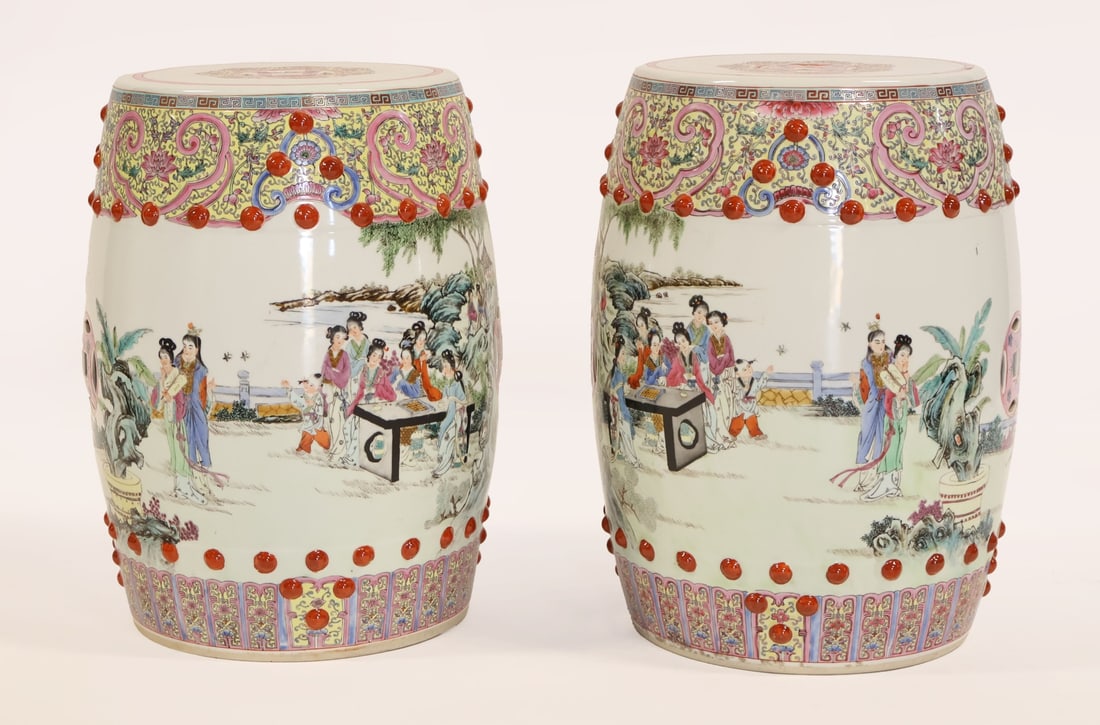 Pair of Chinese Famille Rose Enamel Garden Seats.: Pair of Chinese Famille Rose enamel decorated barrel form 'Ladies' garden seats. From a Mamaroneck, NY estate. Dimensions: garden seats measure approx. 19" high.