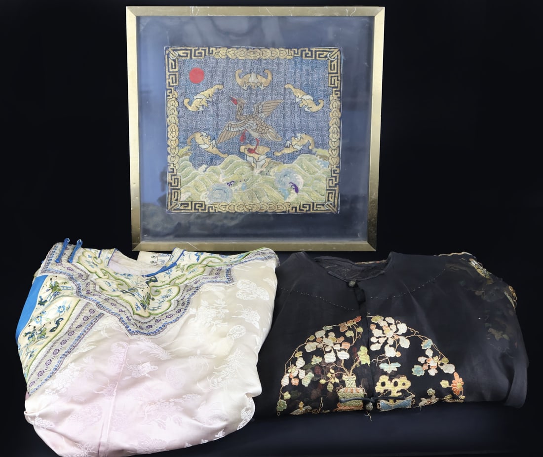 Chinese Kangxi Rank Badge, Coat, and Robe.: Includes a rank badge of a pheasant perched on a rock above crashing waves surrounded by bats - label verso reads, "No. 13 Peking. China"; a black robe with mandarin buttons displaying embro