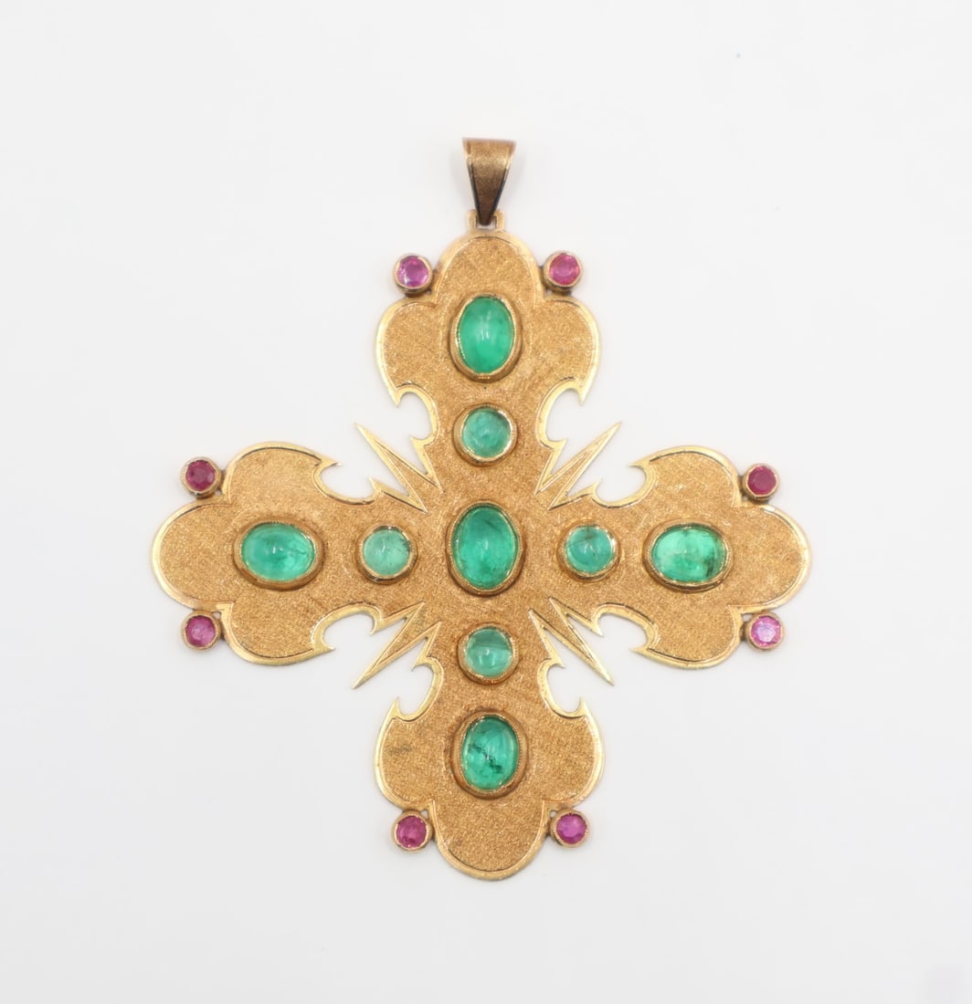 JEWELRY. 18kt Gold, Emerald and Ruby Pendant. (1 of 6)