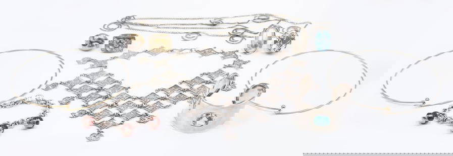 JEWELRY. Collection of Silver Jewelry Inc. E Pearl: Includes a 5 pc. Ivar T. Holth Norwegian sterling and enamel suite comprised necklace, brooch, pair of earrings, and a bracelet; an Erwin Pearl stainless watch with mother-of-pearl dial and Austrian c