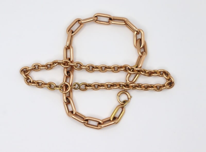 JEWELRY. (2) Rose Gold Chain Link Bracelets.: Including an unmarked 14kt rose gold 6.50 mm chain link bracelet with (2) 14kt yellow gold terminating links and fitted with a subsequently added 14kt yellow gold spring ring clasp - clasp stamped, &q