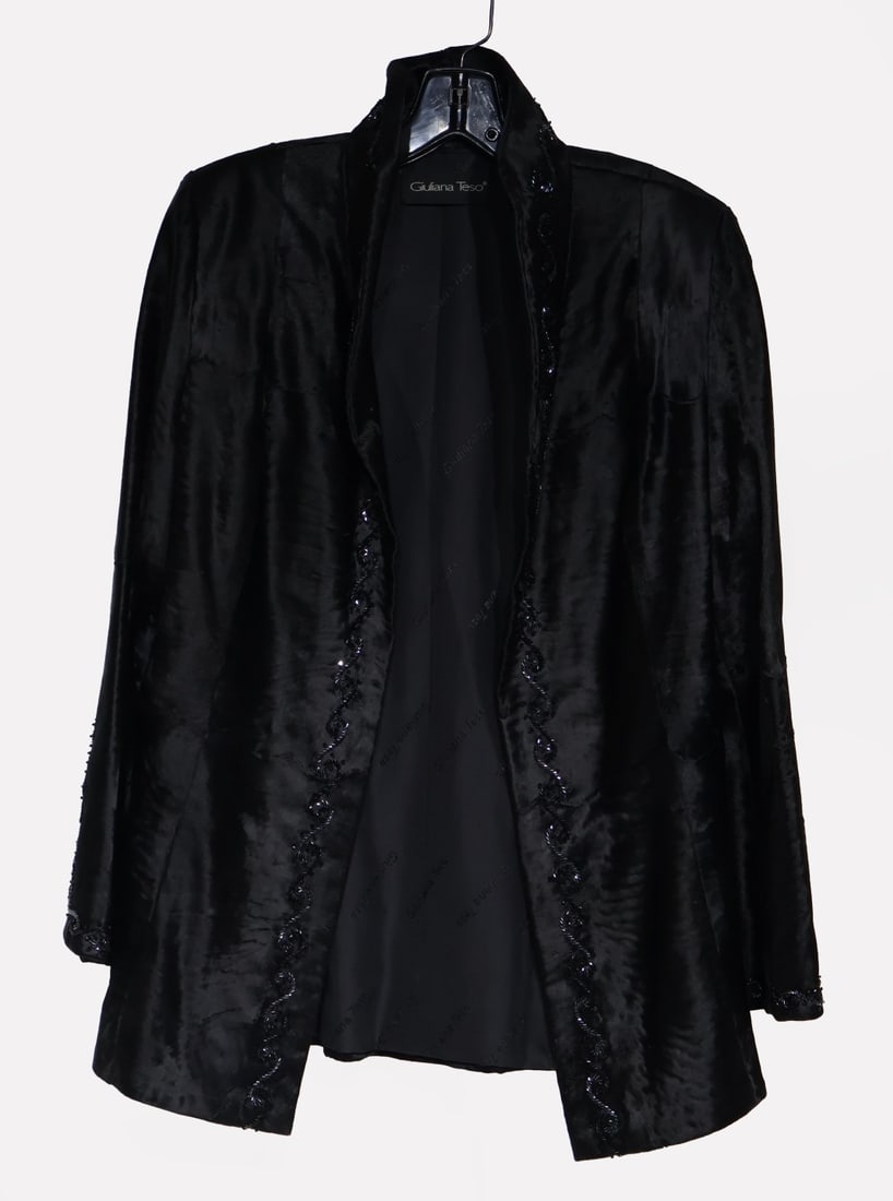 COUTURE. Giuliana Teso Suede Jacket.: A Giuliana Teso suede jacket with slight shoulder pads and intricate beading along the collar, front panels, and cuffs. Label reads, "Giuliana Teso Made in Italy Fodera 010 Lining 100% seta silk