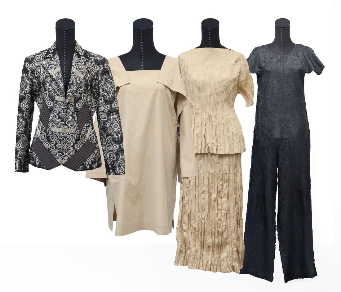 COUTURE. Issey Miyake Clothing Collection.: Includes a Issey Miyake for Bergdorf Goodman brocade jacket with slight shoulder pads and a notched collar - label reads, "Issey Miyake Bergdorf Goodman Size 2 100% polyester Lining 100% cupra&qu