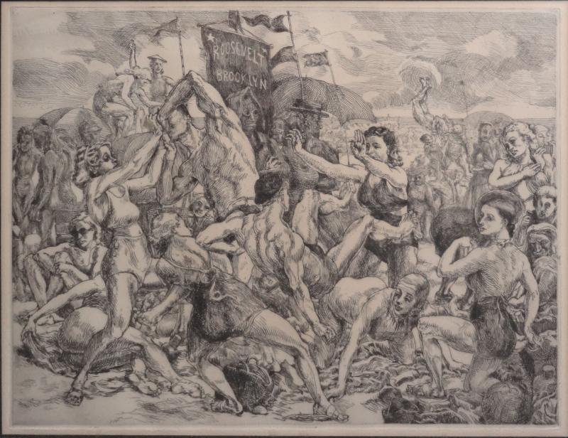 MARSH, Reginald. Etching "Coney Island.": Unsigned. Reginald Marsh, American, 1898-1954. From a Hastings-on-Hudson, NY home. Dimensions: 8.88" high x 11.8" wide. Condition: Good, possible mat burn.