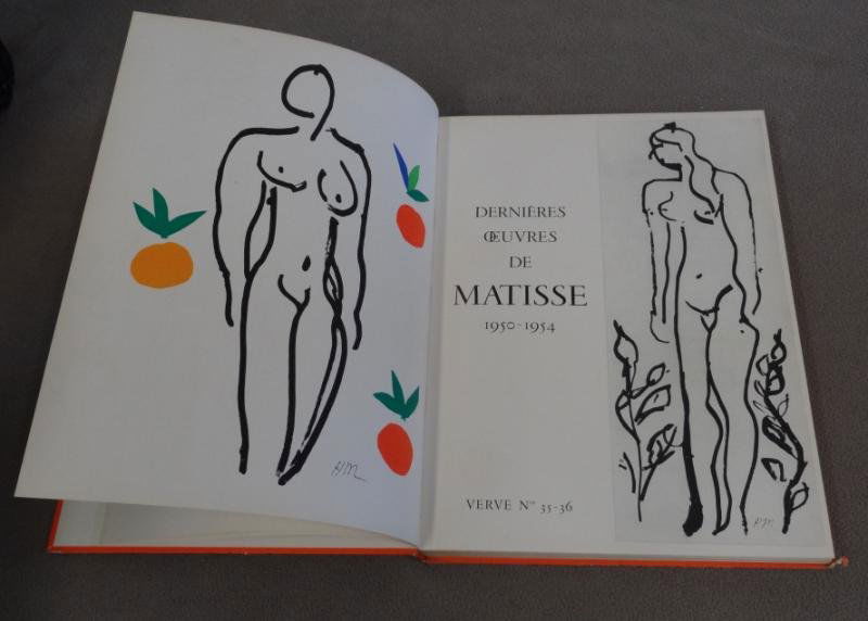 MATISSE. VERVE. "Dernieres Oeuvres.": Folio of color lithographs. Volume IX, No 35-36. Copyright by VERVE, Paris-France 1958. Printed in Paris. From a Mamaroneck, NY home. Condition: Cover has some wear to edges and corners, loss top righ