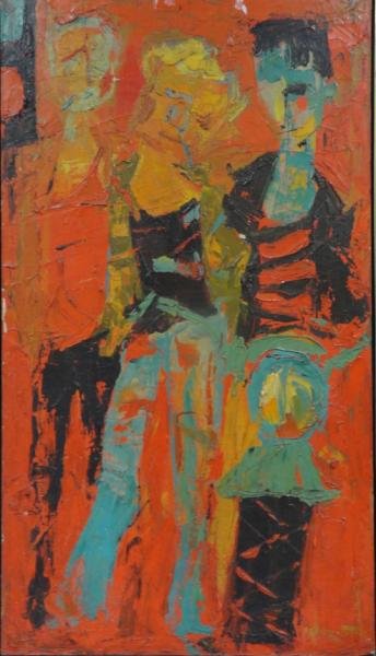 HOLLINGSWORTH, Alvin C. O/C Modernist Figures.: Signed lower right. Alvin Carl Hollingsworth, African-American, 1928 - 2000. From a New Rochelle, NY collector. Dimensions: 50" high x 29.75" wide. Condition: Overall surface grime, wide craquelure, s