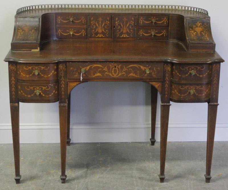 French Inlaid and Ormolu Desk.: From a Lexington Avenue NYC estate. Dimensions: 44" wide x 26" deep x 37" high.