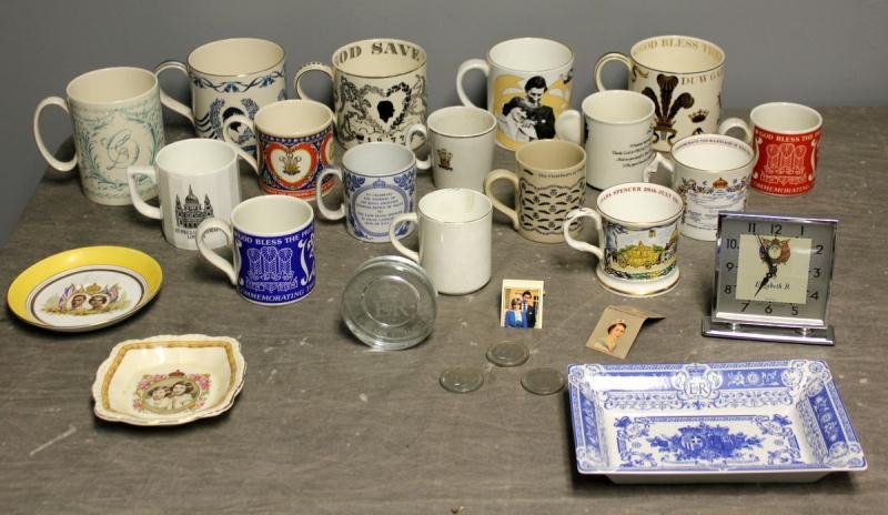 Large Lot of Royal Memorabilia Including Clock,: Coins, Trays, and Assorted Cups. Also includes matches and paperweight with Charles and Diana. From a Manhattan, NY apartment.