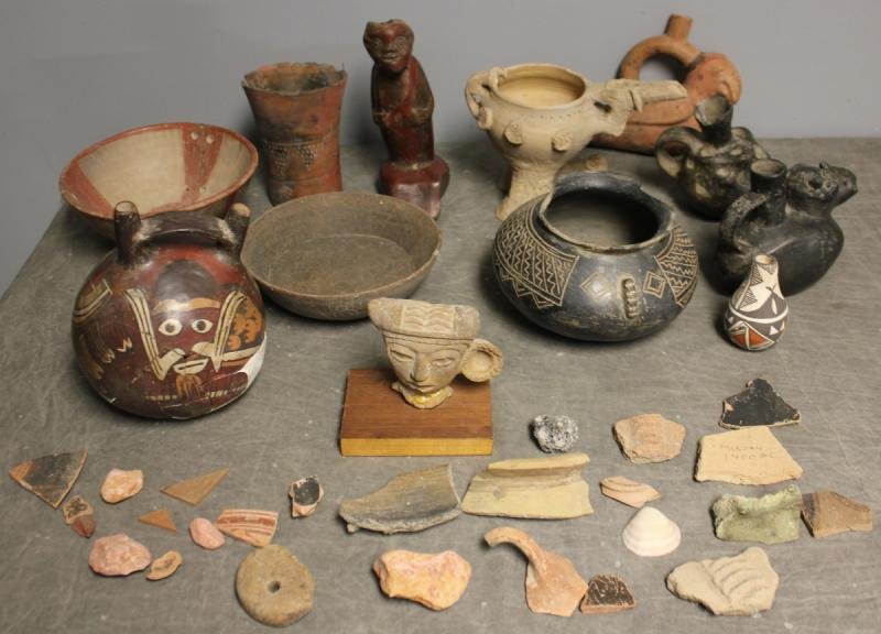 Pre-Columbian Lot.: Includes pitchers, bowls, a Mayan type bust, a bird figure and an unusual hippopotamus. Most with losses or repairs but appears to all be authentic. Also included in this lot are pre-Columbian shards 