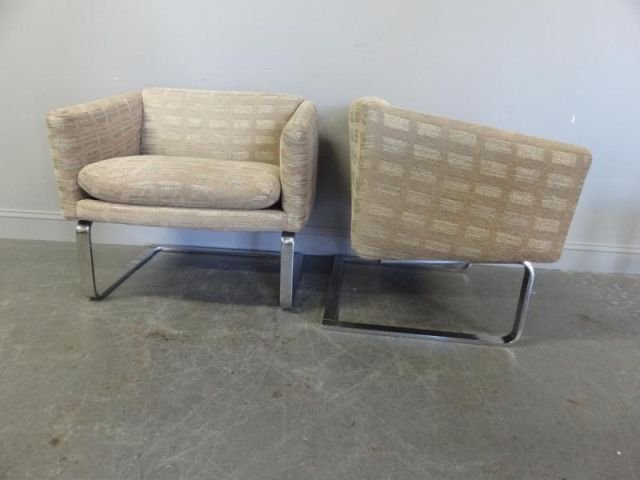 Pair of Midcentury Chrome Lounge Chairs.: Possibly Milo Baughmann. Unmarked. From a Harrison, NY estate. Dimensions: 30" wide x 26" deep x 27" high.
