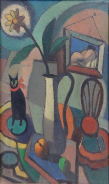 MILO. Oil/Board. Cubist-Style Interior Still Life: with Cat. Signed upper right. From a New Rochelle, NY estate. Dimensions: 19.25" high x 13.25" wide. Condition: Overall surface grime, craquelure, minor areas of flaking/loss. Water damage to backing 