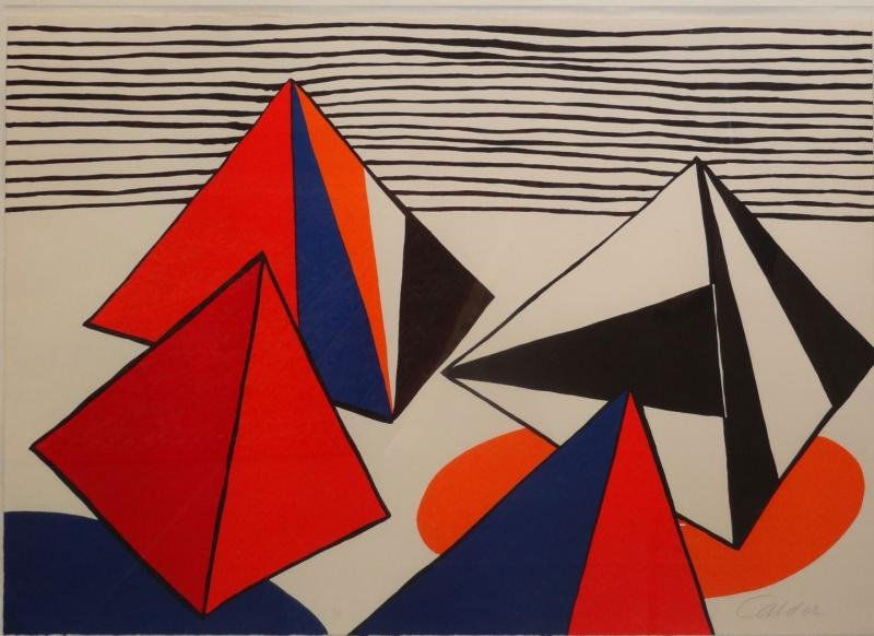 CALDER, Alexander. Lithograph "Pyramids. ": Signed in pencil lower right and inscribed EA lower center. From a Norwalk, CT home. Dimensions: 29.5" high x 43.25" wide. Condition: Good. One minor foxing spot upper right and minor white pigment su