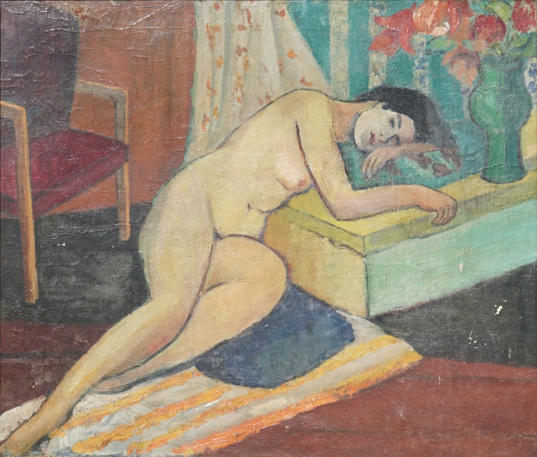 AMERICAN SCHOOL (20TH CENTURY).: 'Reclining Female Nude in an Interior'. Oil on canvas. Apparently unsigned. Provenance. Christie's, East, NY; Unknown Auction, January 20, 1981 (lot 79). Property of a Scarsdale, NY estate. Dimensions