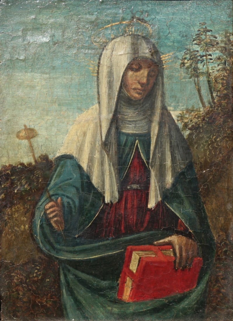 ITALIAN RENAISSANCE STYLE (19TH CENTURY).: Portrait of a Female Saint. Oil on canvas laid to panel. Verso: Several ink stamps and labels including tax stamps for Austria, and inventory labels for Hiram H. Hoelzer restoration, NY. Property of a